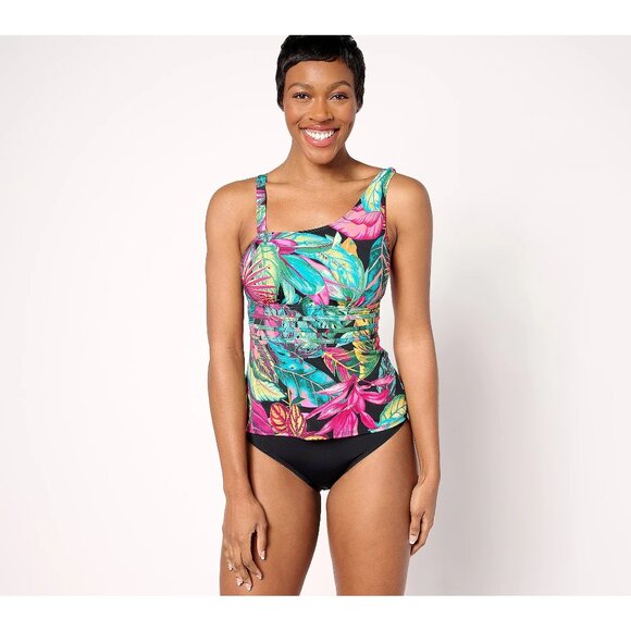 Susan Graver Soleil One Shoulder Swimsuit with Self Trim Sz 14 Black Multi Palm - Picture 1 of 10